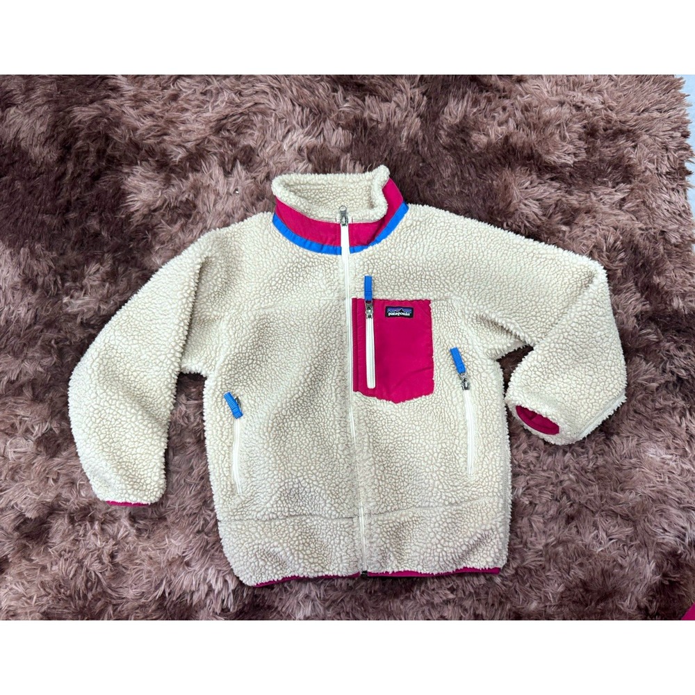 Patagonia Girls Sherpa Fleece Full Zip Jacket Pockets Size 7 Beige Pink Blue